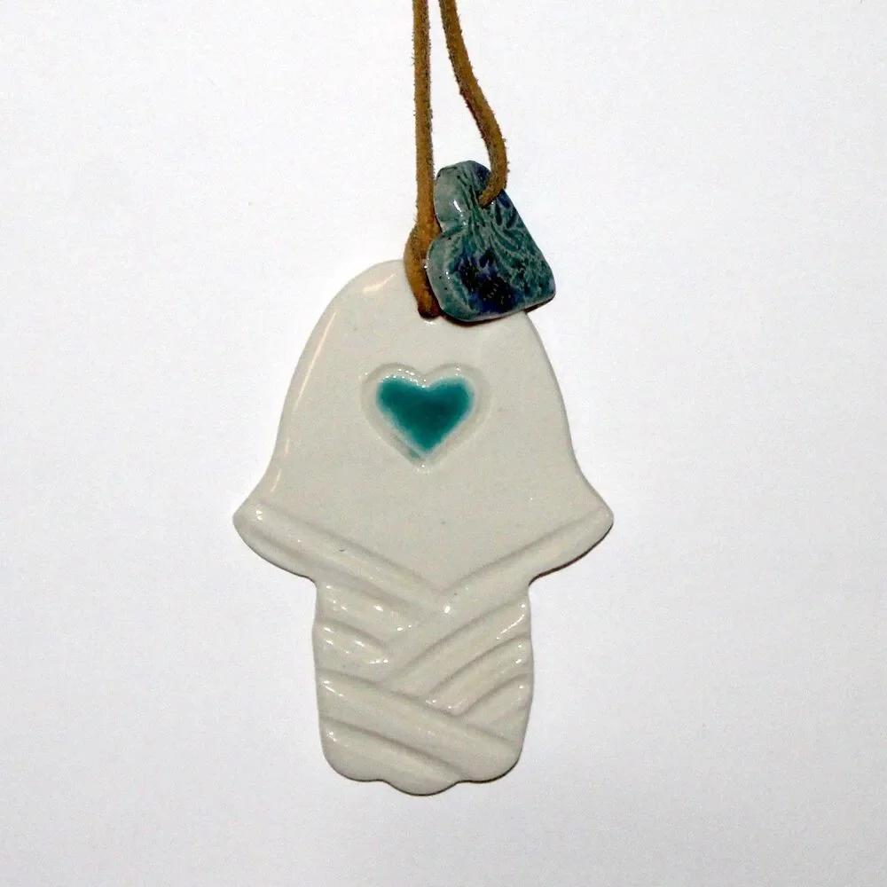 Hamsa Wall Ornament white ceramic Studio pottery blue heart boho decor